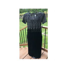 VINTAGE Women's 80's Sharade Nites Long Cocktail Dress Black Velvet Fringe